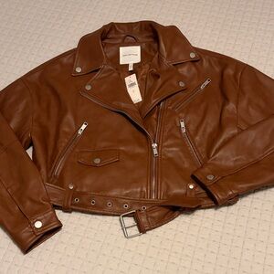 Avec Les Filles Tan Leather Biker Jacket
